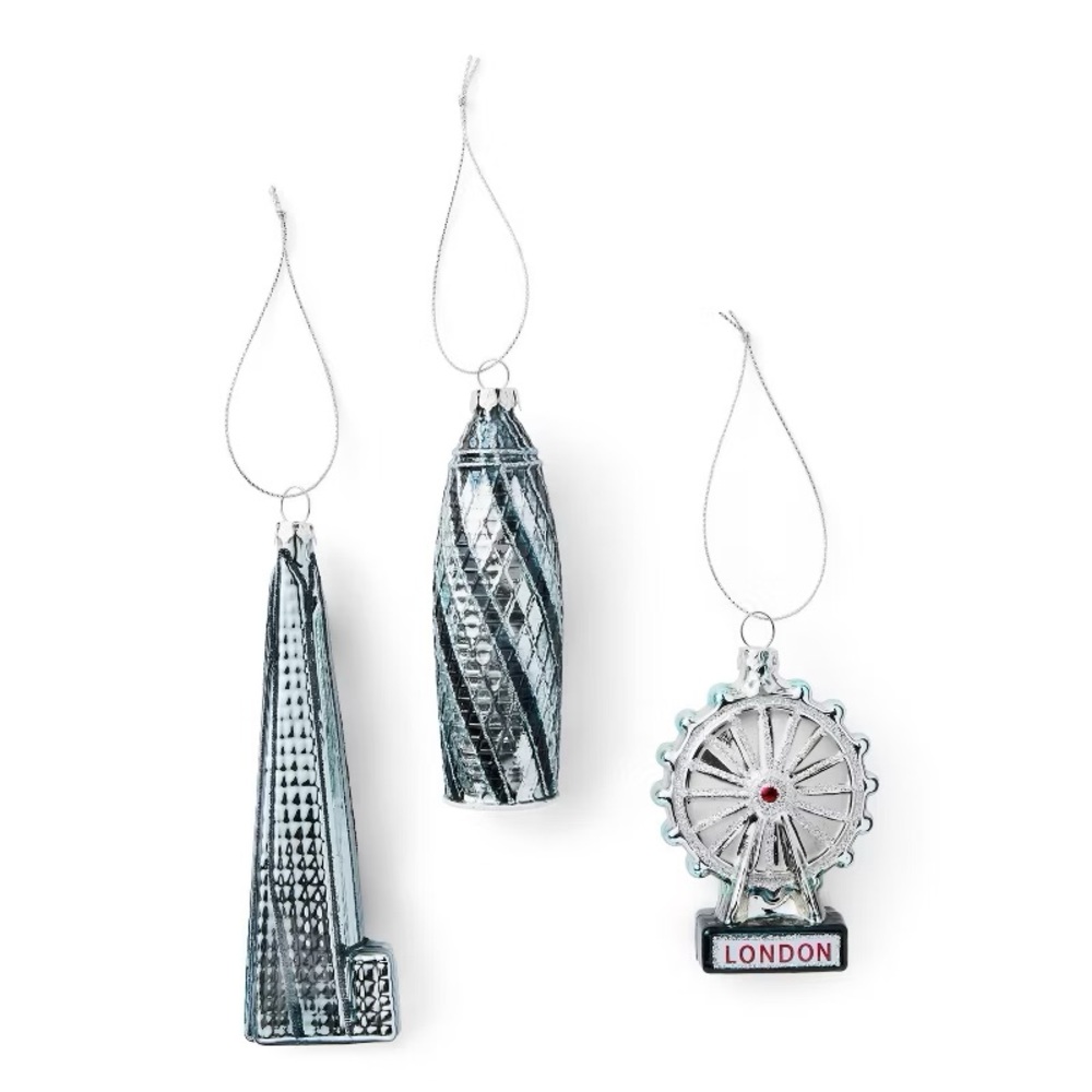 M&S 3ct Modern London Glass Christmas Tree Ornament Set nwt